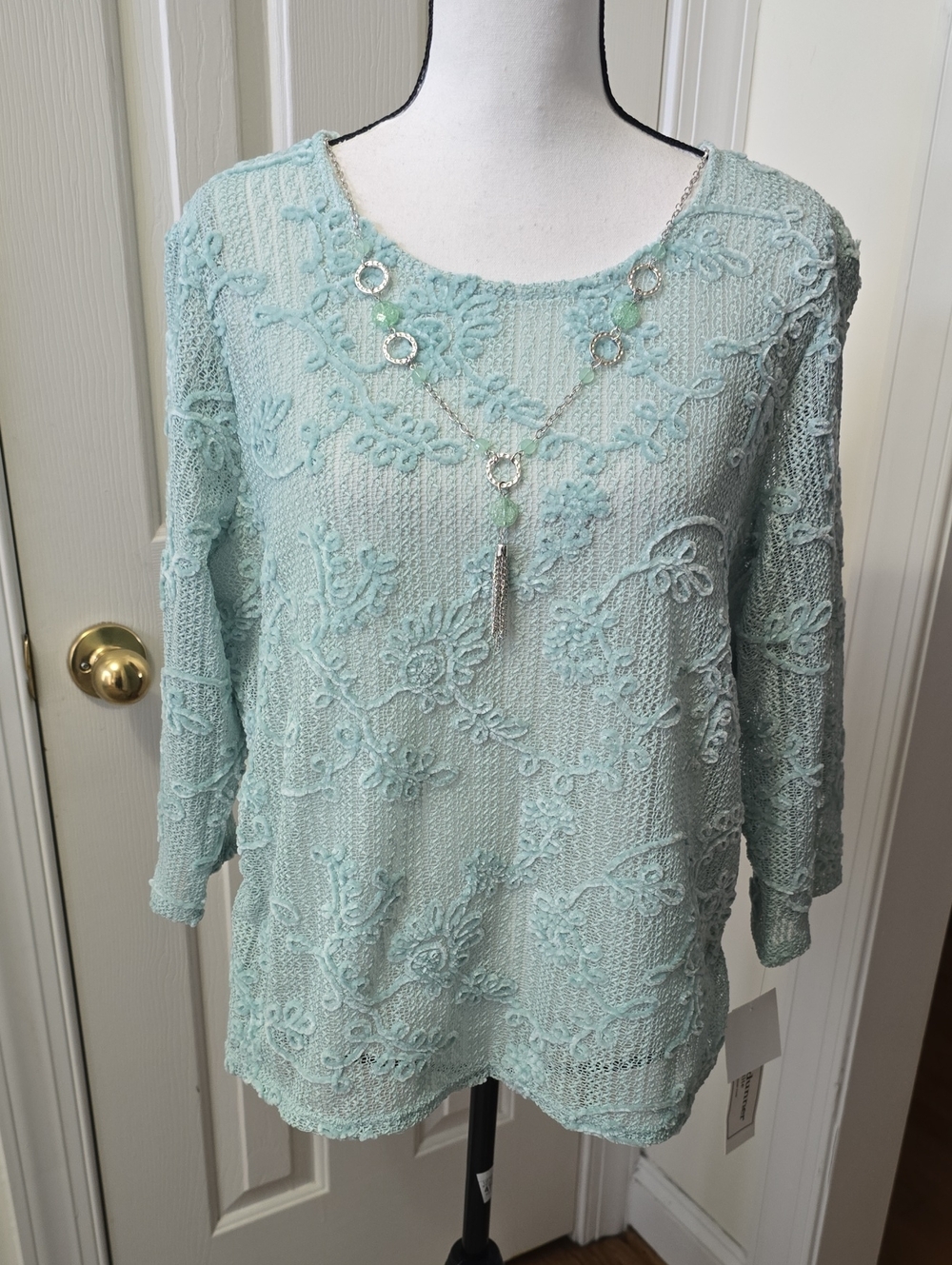 ALFRED DUNNER BRAND WOMEN'S PETITE GREEN EMBROIDERED LINED TOP SIZE PL